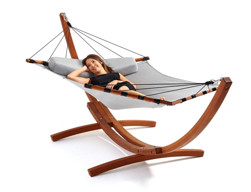 Hammock with Curved Spreader Bars, Grey Fabric & Pillow. Patio Lounge.