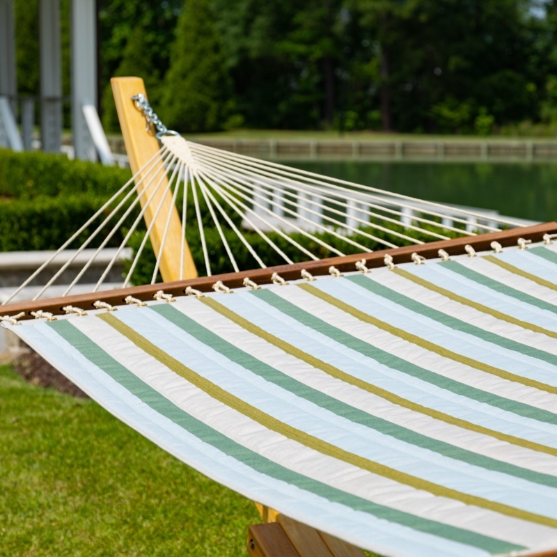 Hammock with Geometric Quilted Surface and Spreader Bars in Aloe Green