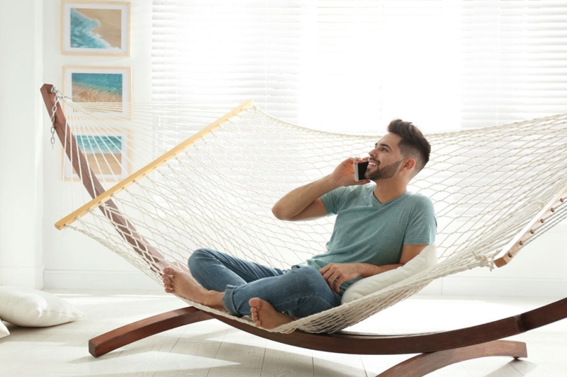 Hammock with Indoor Installation & Macrame Fringe. Woven Rope Lounge.