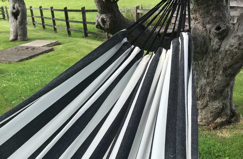 Hammock with Knotted Fringe, Black and White Stripe, Bohemian Garden Style
