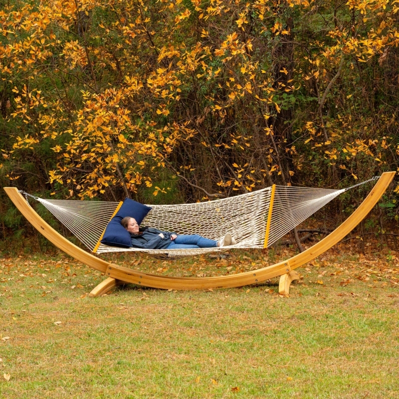 Hammock With Stand Arc Shaped Wood Frame White Rope Weave Spreader Bars
