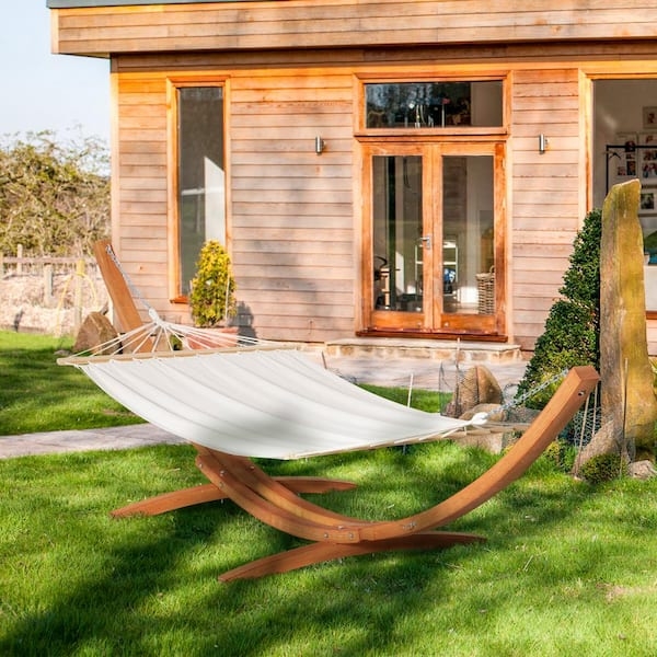 Hammock With Stand Arched Wood Frame White Tassel Fringe Boho Style