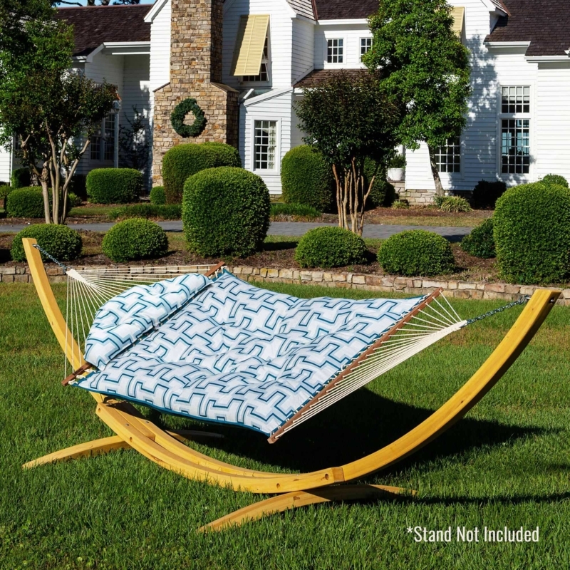 Hammock with Stand, Blue and White Stripes, Bolster Pillow for Coastal Lounge