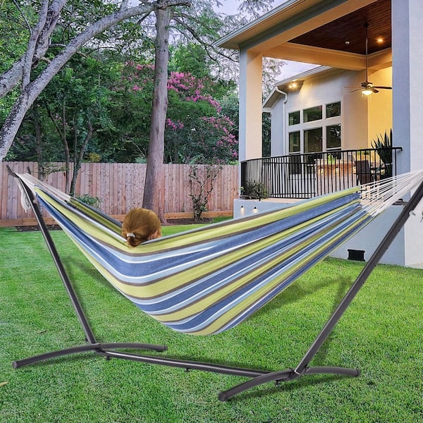 Hammock with Stand Blue Green Striped Fabric Portable Garden Set
