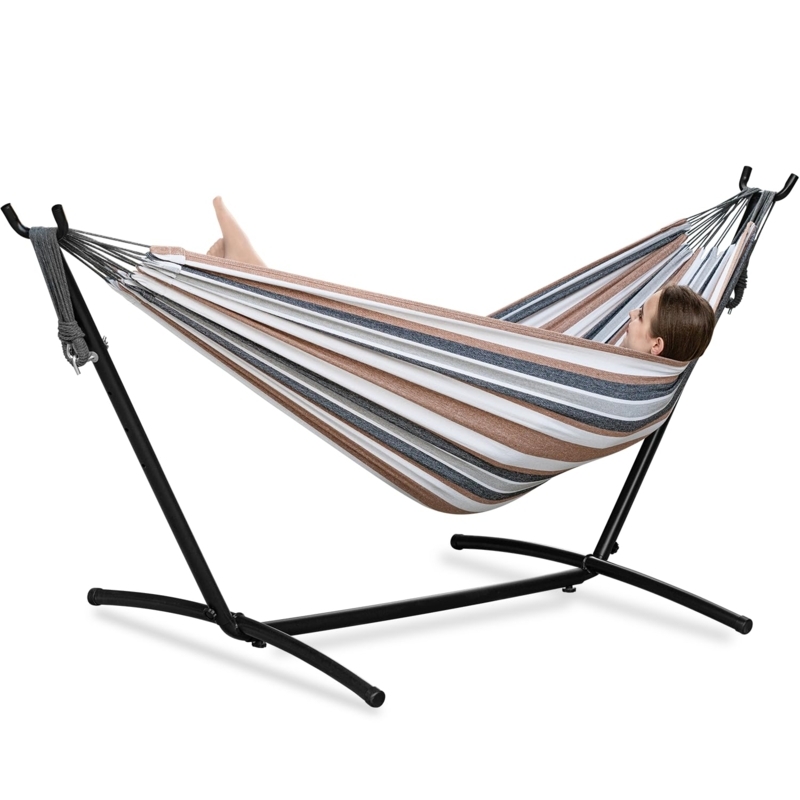 Hammock with Stand, Coffee Stripe, Portable Patio Set
