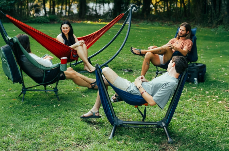 Hammock with Stand, Navy Blue Fabric & Pillow, Modern Sunroom