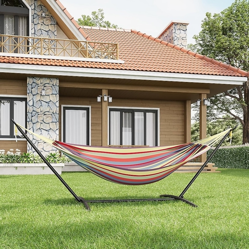 Hammock with Stand, Rainbow Stripes and Portable Steel Frame Set