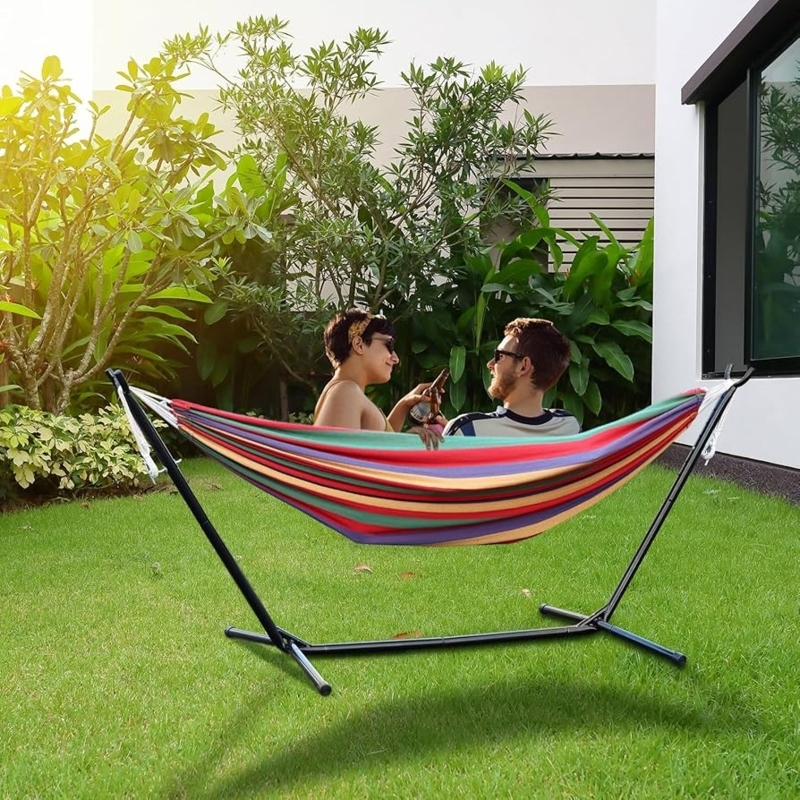 Hammock With Stand Vibrant Red Fabric Compact Black Frame Modern
