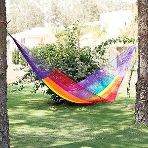 Hand Woven Nylon Hammock with Mayan Open Weave in Lush Garden