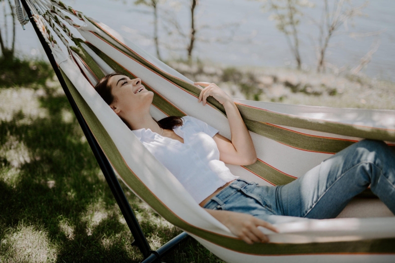 Handwoven Hammock featuring Navy and Cream Striped Pattern with Fringe