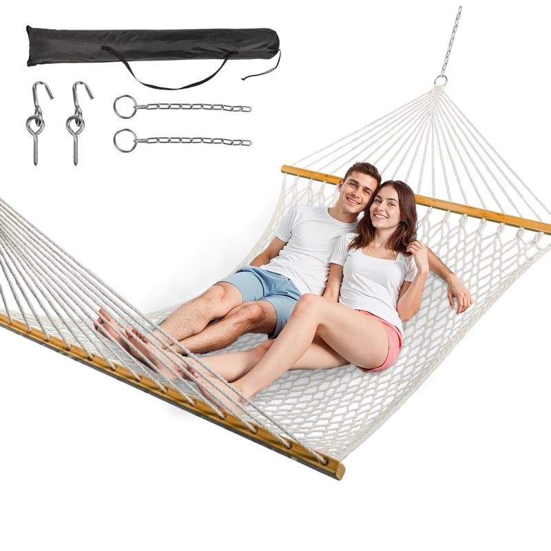 Handwoven Rope Hammock Macrame Fringe Spreader Bar Bohemian Garden