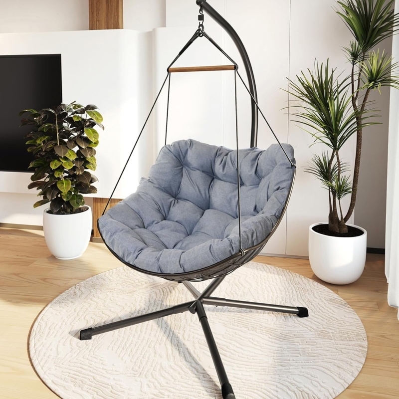 Hanging Chair Gray Resin Wicker Teardrop Shape Freestanding Frame Yellow