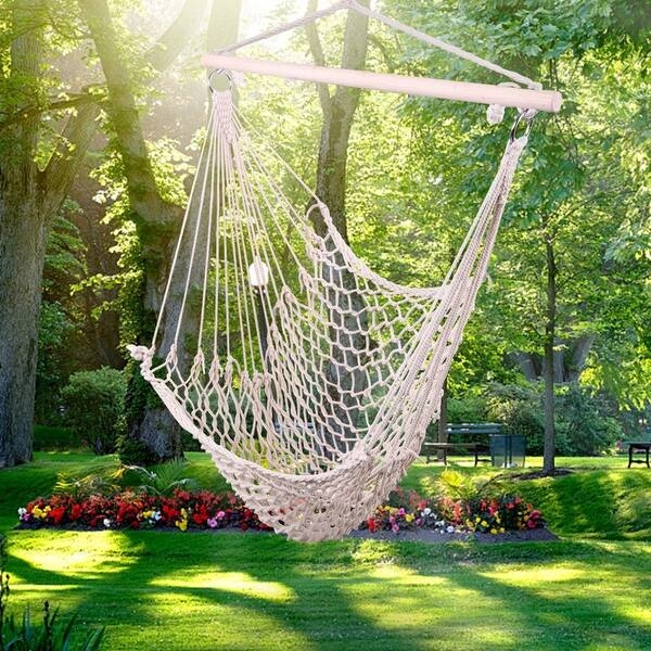 Hanging Chair Swing of Woven Rope with Fringe Tassels, Bohemian Accent