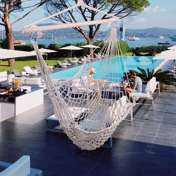 Hanging Chair with Decorative Fringe and Spreader Bar, Macrame Rope