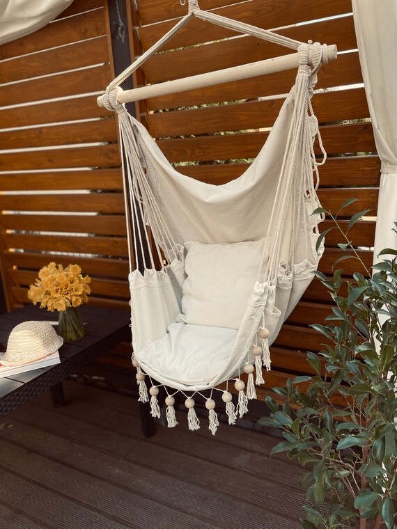 Hanging Chair with Macrame Weave & Circular Frame. Bohemian Swing.