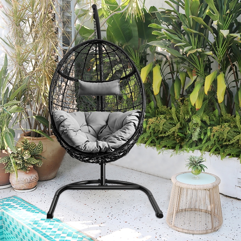Hanging Egg Chair with C-Shaped Stand and Lattice Weave, Modern Bohemian