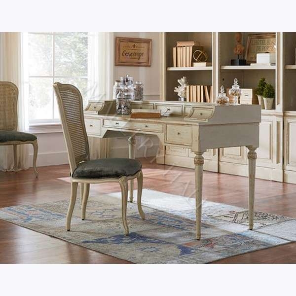 Heavily Distressed French Writing Desk with Five Drawers and Carved Apron
