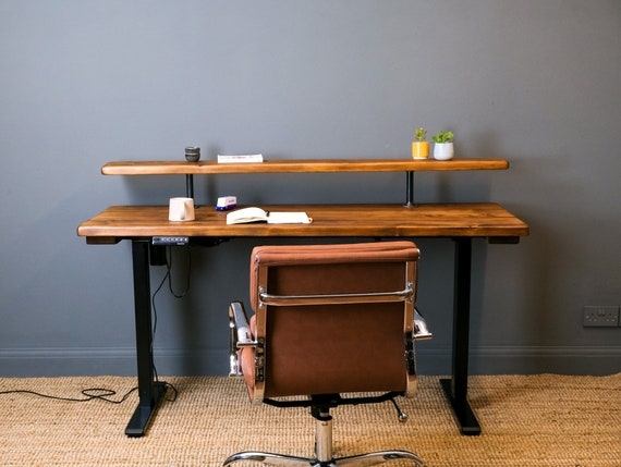 Height Adjustable Desk Rustic Wood Sit Stand, Electric Base, Thick Top