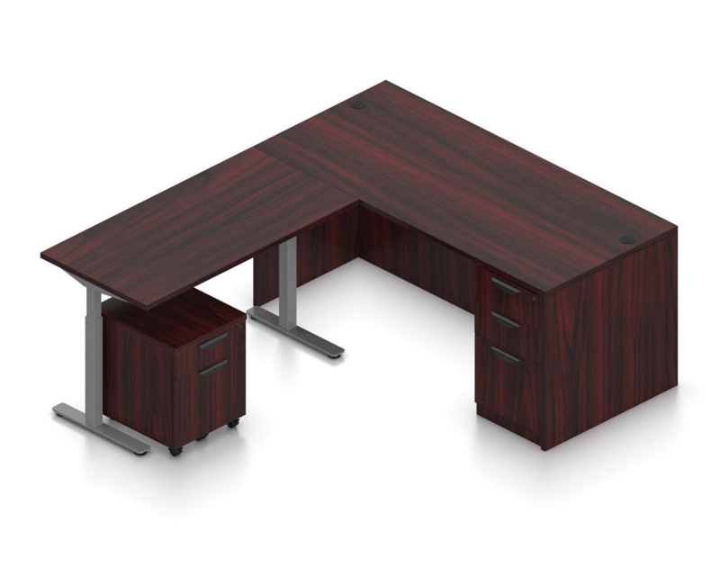 Height Adjustable L-Shaped Desk with Espresso Finish & Silver Metal Legs