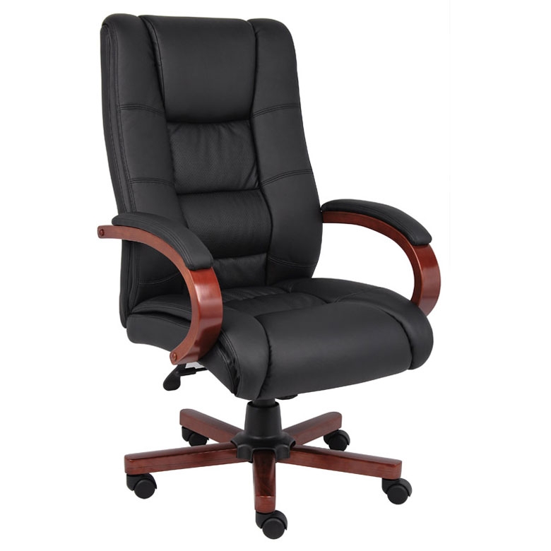 High-Back Executive Chair Black Leather-Like with Cherry Finish