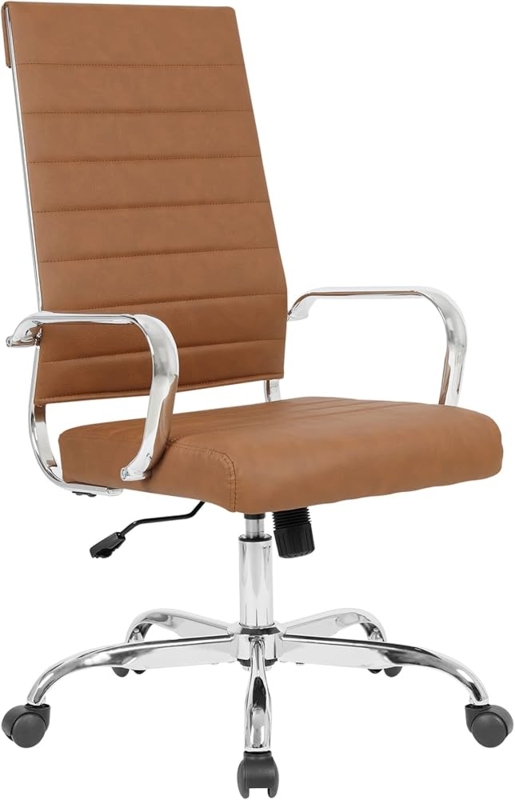 High-Back Executive Chair Brown Ribbed Leather Chrome Frame Adjustable