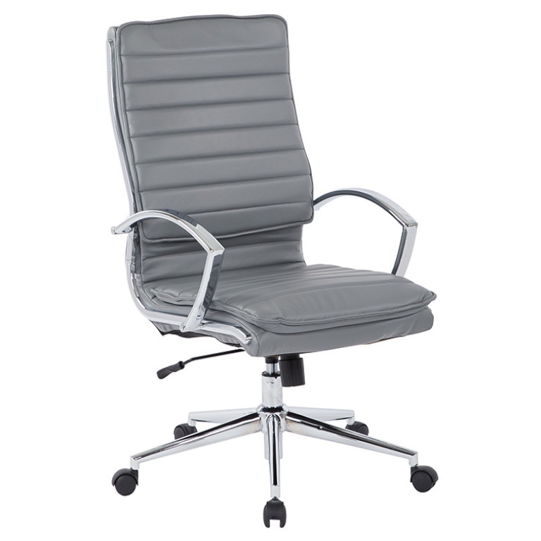 High-Back Manager Chair Gray Ribbed Upholstery Polished Chrome Padded