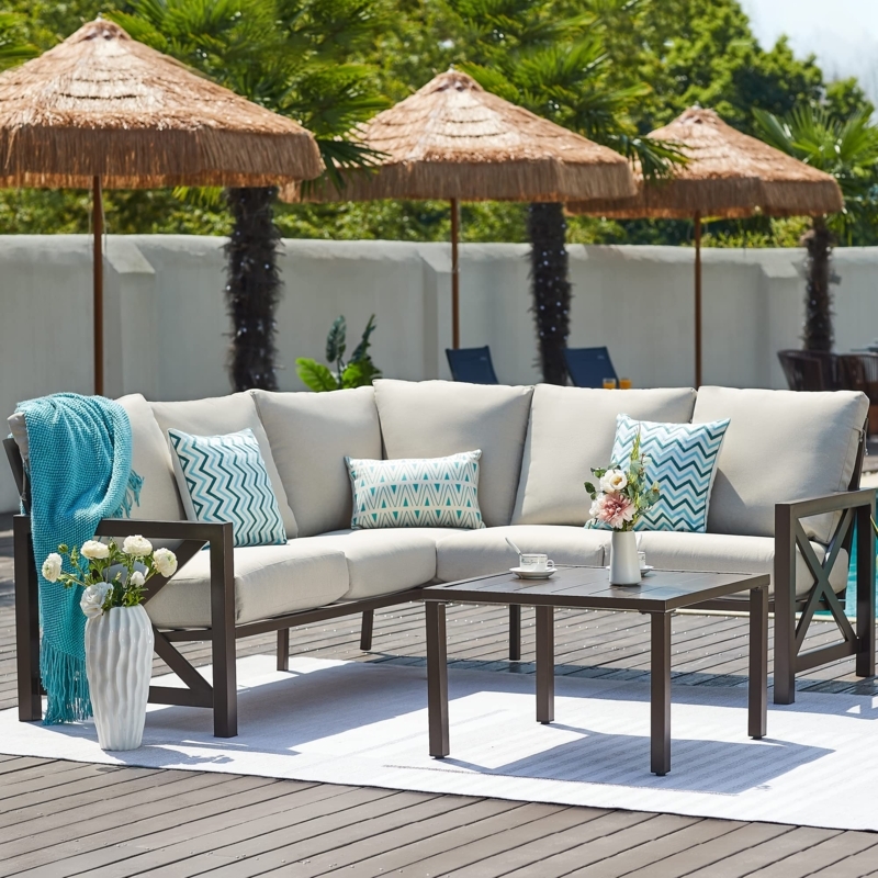 High-Back Metal Sectional Sofa Navy Cushions Industrial Patio Seating