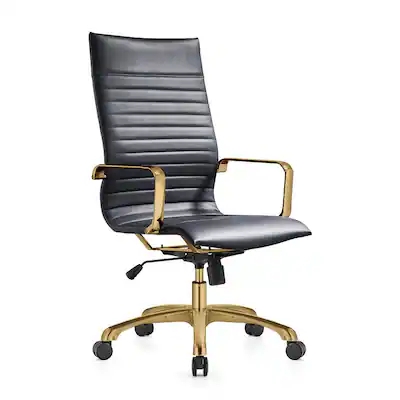 High-Back Office Chair, Black Ribbed Leather-Like, Gold Toned Frame, Glam