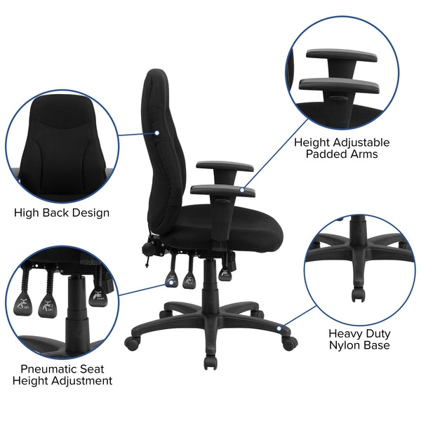 High Back Office Chair, Multifunction Levers, Adjustable Arms, Fabric