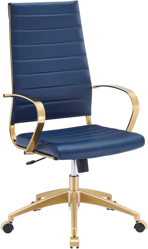 High-Back Office Chair, Navy Ribbed Upholstery, Gold Metal Frame