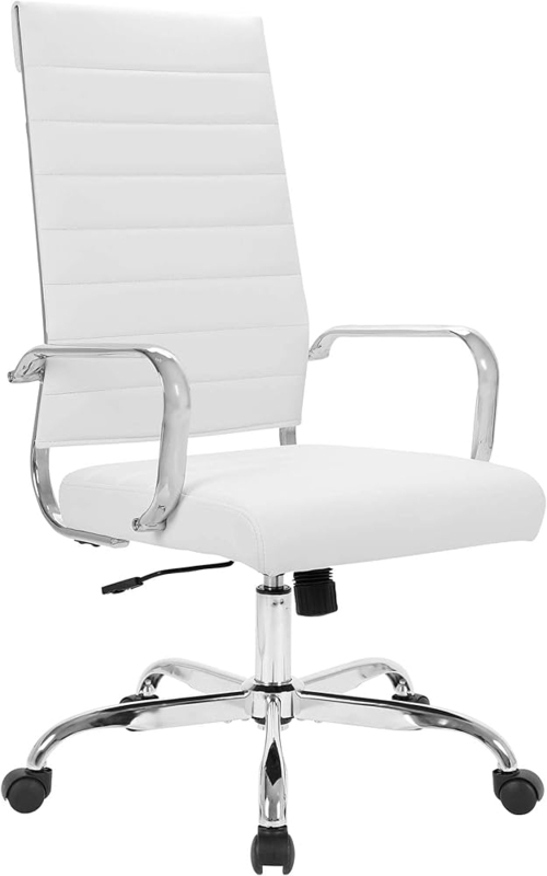High-Back Office Chair White Ribbed Upholstery Polished Chrome Swivel
