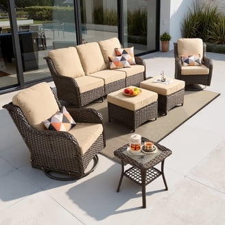 High Back Patio Conversation Set with Solar Lamp and Glass Top Table