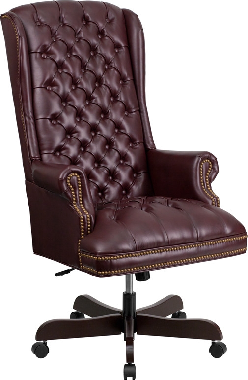 High Back Traditional Fully Tufted Burgundy Leather Executive Swivel  Ergonomic Office Chair with Arms