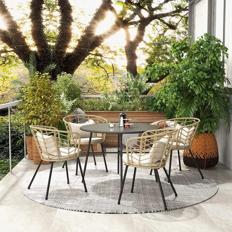 High Back Wicker Dining Set Glass Top Boho Outdoor Area