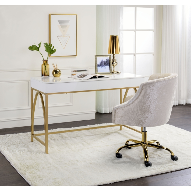 High Gloss Writing Desk with Polished Gold Frame and Round Knobs