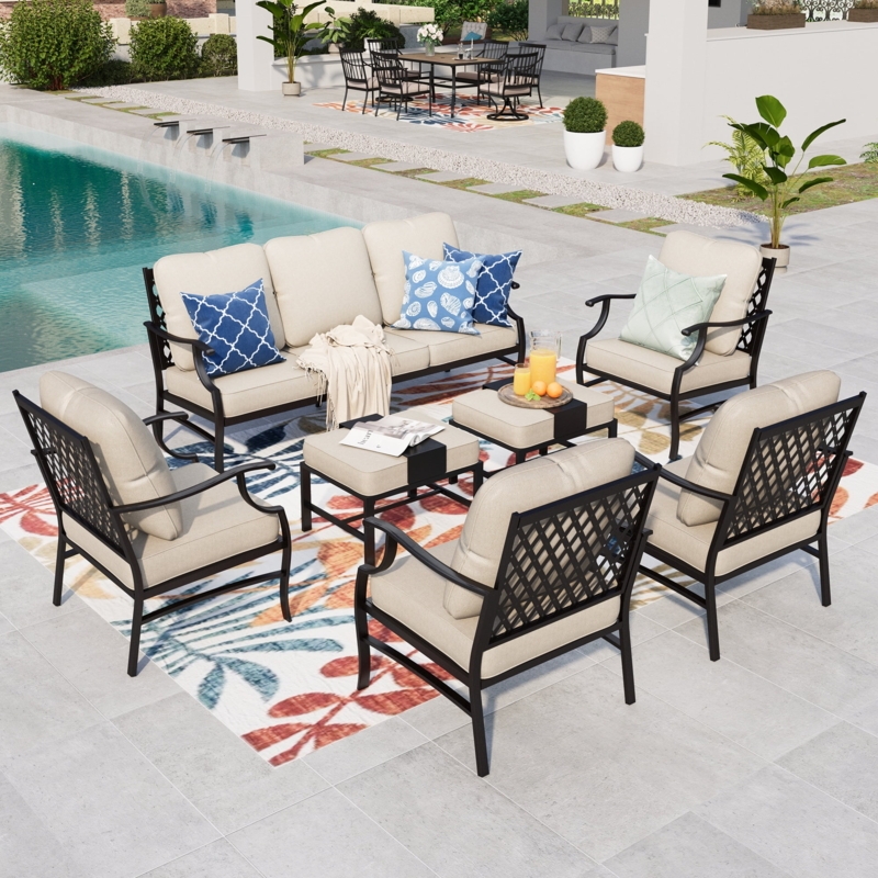 High-Occupancy Patio Furniture Set, Black Metal L-Shaped Sectional