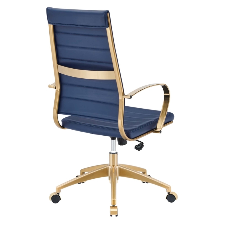 Highback Executive Chair, Navy Ribbed, Gold Toned Frame, Glam Style