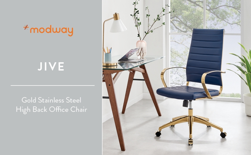 Highback Executive Chair with Gold Metal Frame, Navy Blue Ribbing, Glam