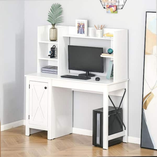 HOMCOM Farmhouse Computer Desk with Hutch and Cabinet, Home Office Desk with Storage, for Study - White