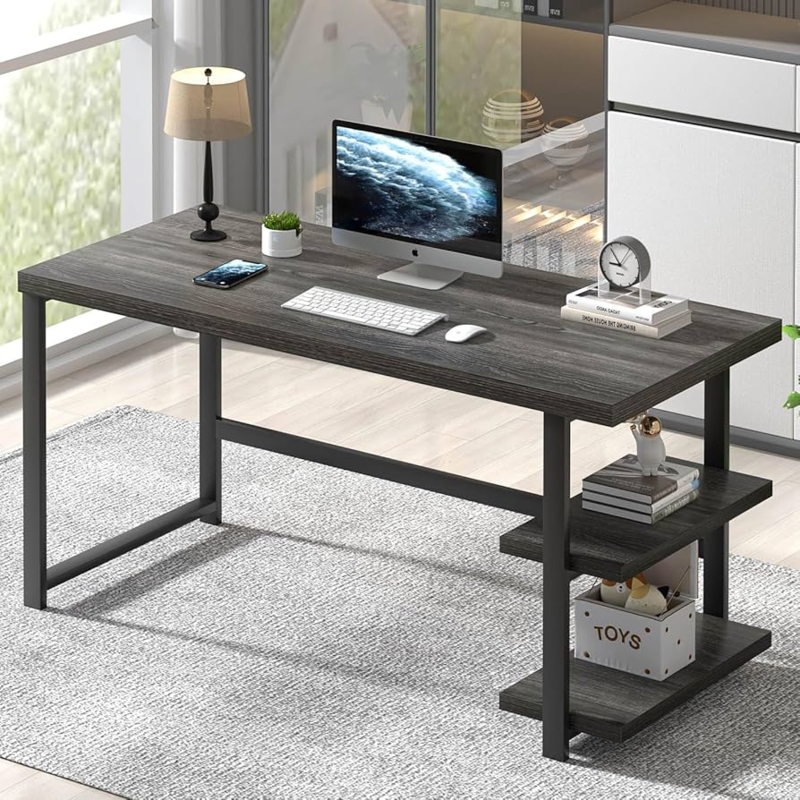 Home Office Desk Dark Gray Side Shelf X-Brace Writing Table