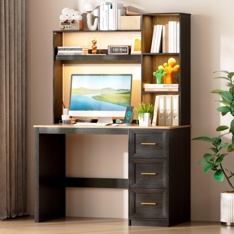 Home Office Desk with Hutch, Monitor Riser & LED Lighting, Black Finish.