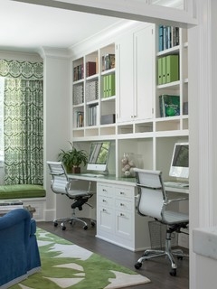 Home Office Workspace White Built-In Cabinetry Light Blue Chair