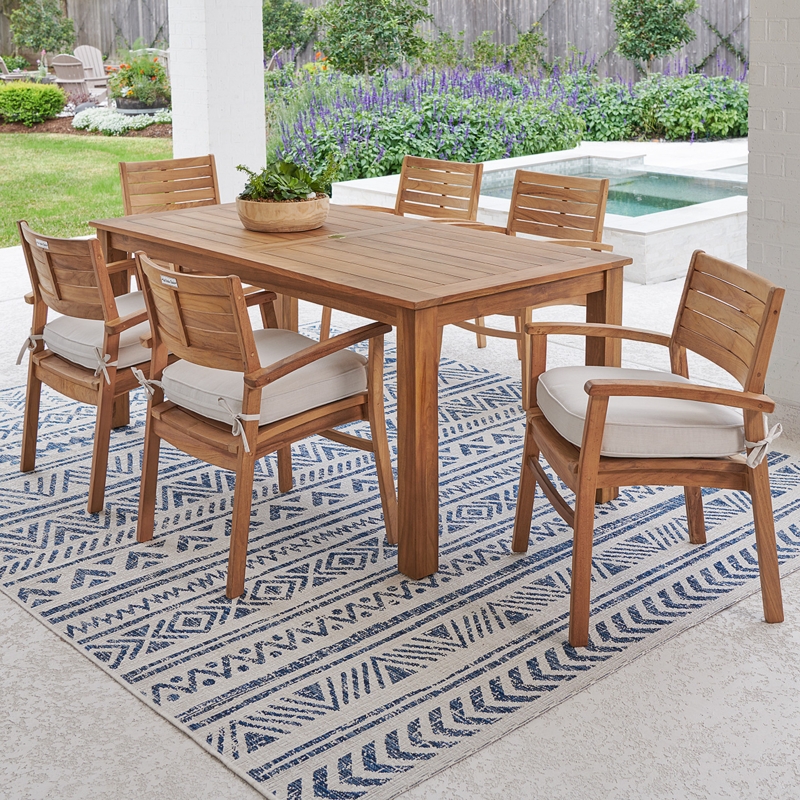 Honey Teak Finish Outdoor Dining Set with Pumice Cushions