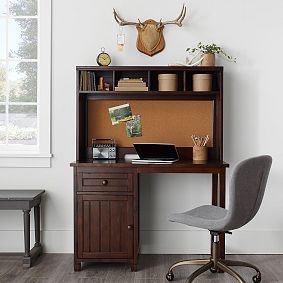 Hutch Desk with Beadboard Backing, Narrow Profile, White Coastal Style.