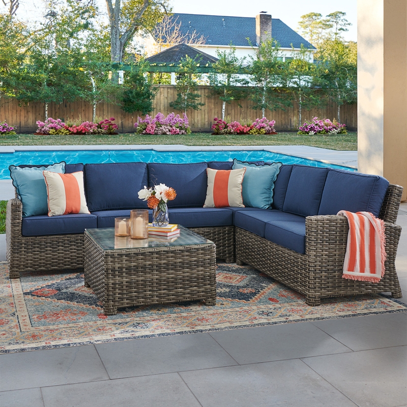 Indigo Blue Outdoor Sectional Wicker with Square Table