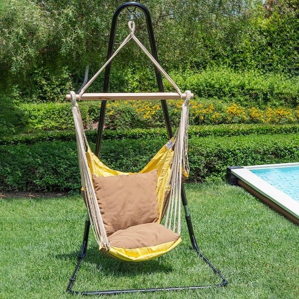Indoor Yellow Hammock Chair with C-Frame Stand Boho Nook