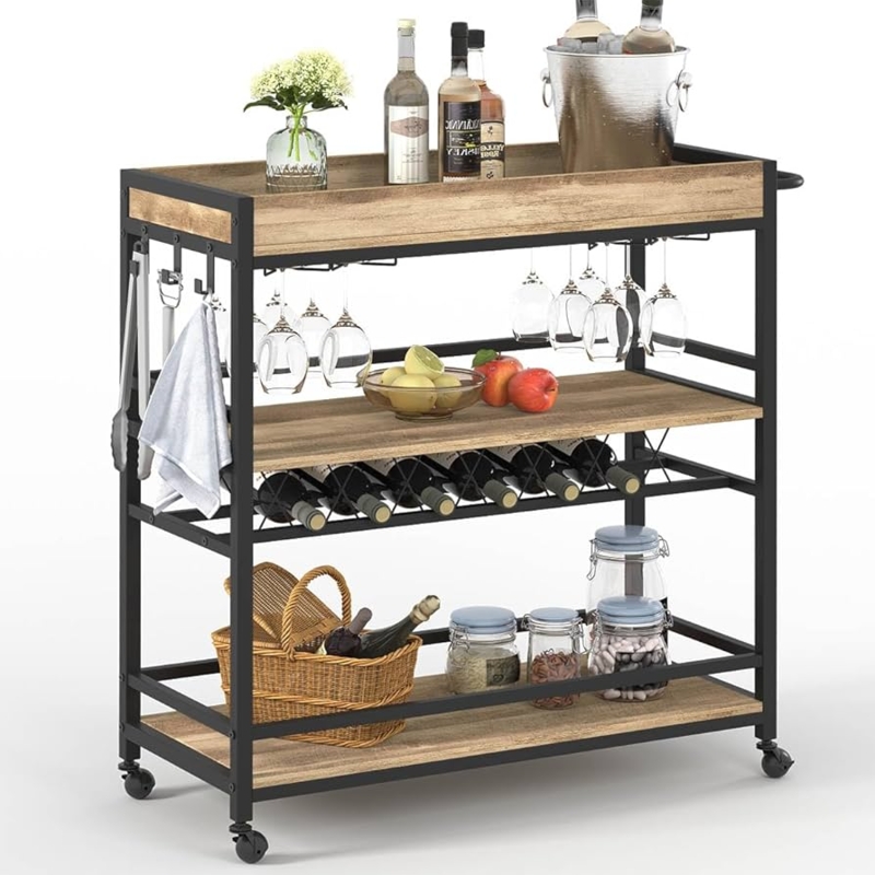 Industrial 4-Tier Ladder Bar Cart with Integrated Glassware Rack Storage