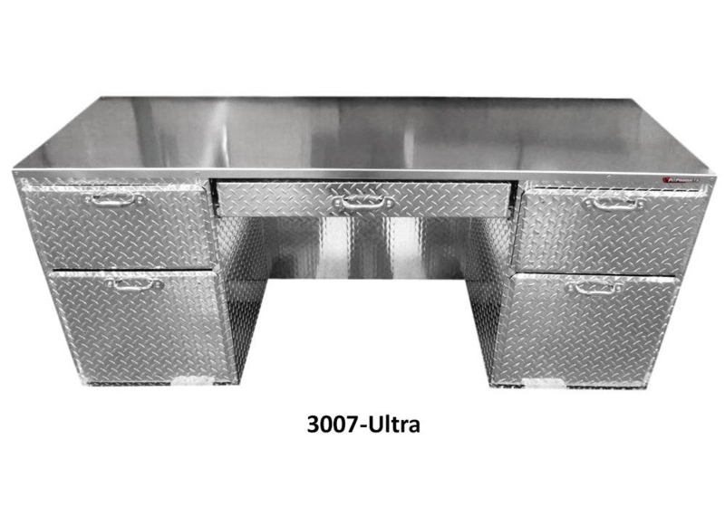 Industrial Aluminum Shop Desk with Two-Drawer Pedestal and Brushed Finish