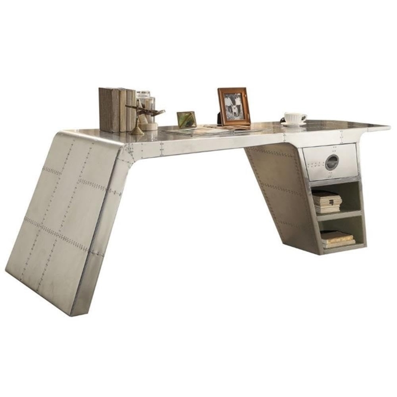 Industrial Aluminum Writing Desk with Rivet Details and Single Drawer