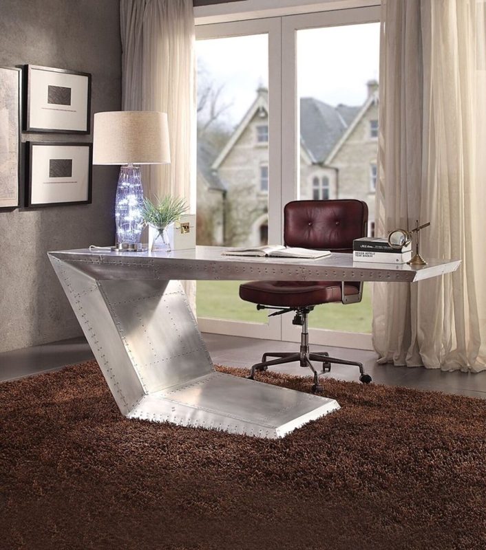 Industrial Aviator Executive Desk with Curved Silhouette and Riveted Panels